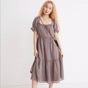NWT MADEWELL Square-Neck Tiered Midi Dress in Textured Seersucker